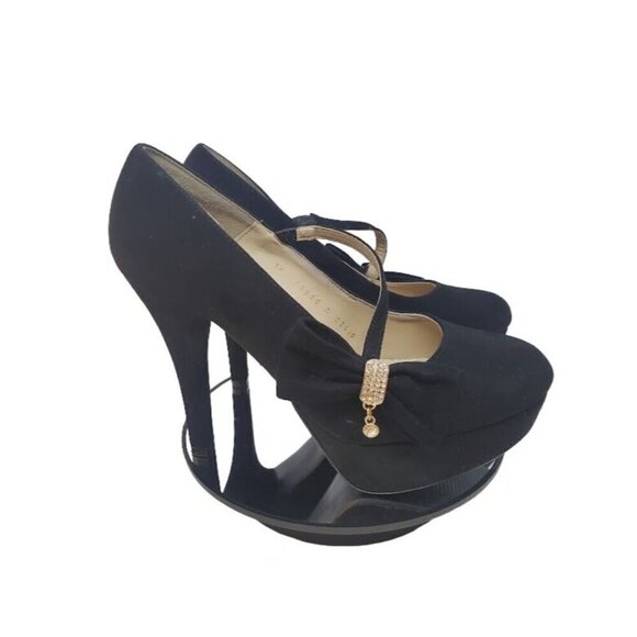 Vittorio D' Firenze Black Suede Bow with Rhinestone Charm Stilettos Platform - Picture 6 of 9
